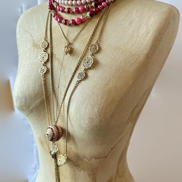 Layered Necklace Lot, God, Deep Pink, Red, Rhinestone, Bohemian, Multi Strand - Picture 3 of 8